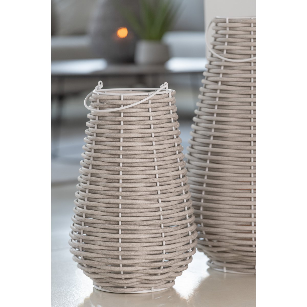 J-Line lantaarn Gewoven - kunststof - wit - LED lichtjes - klein