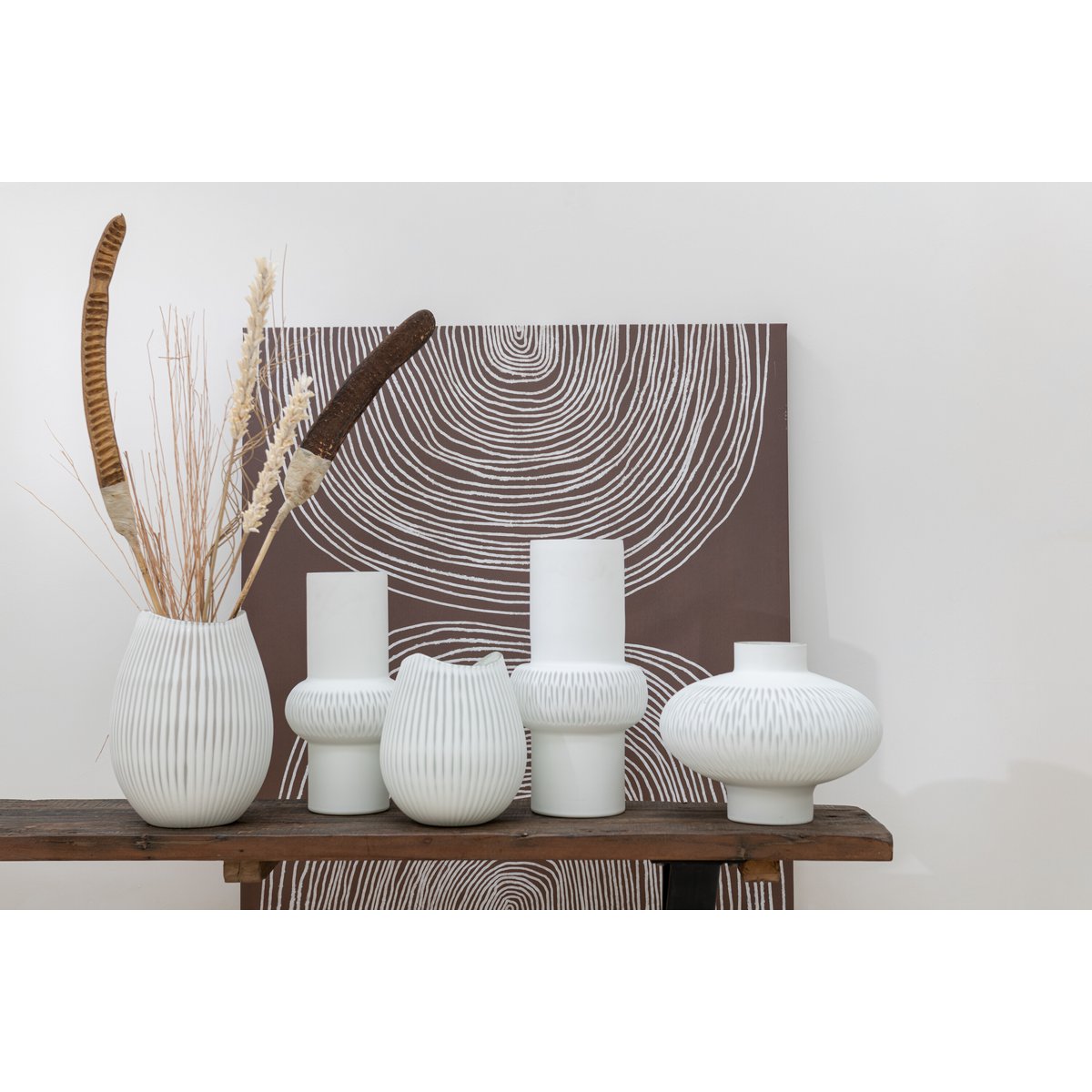 J-Line vaas Streep Bal Laag - glas - wit - 24.50 cm hoog