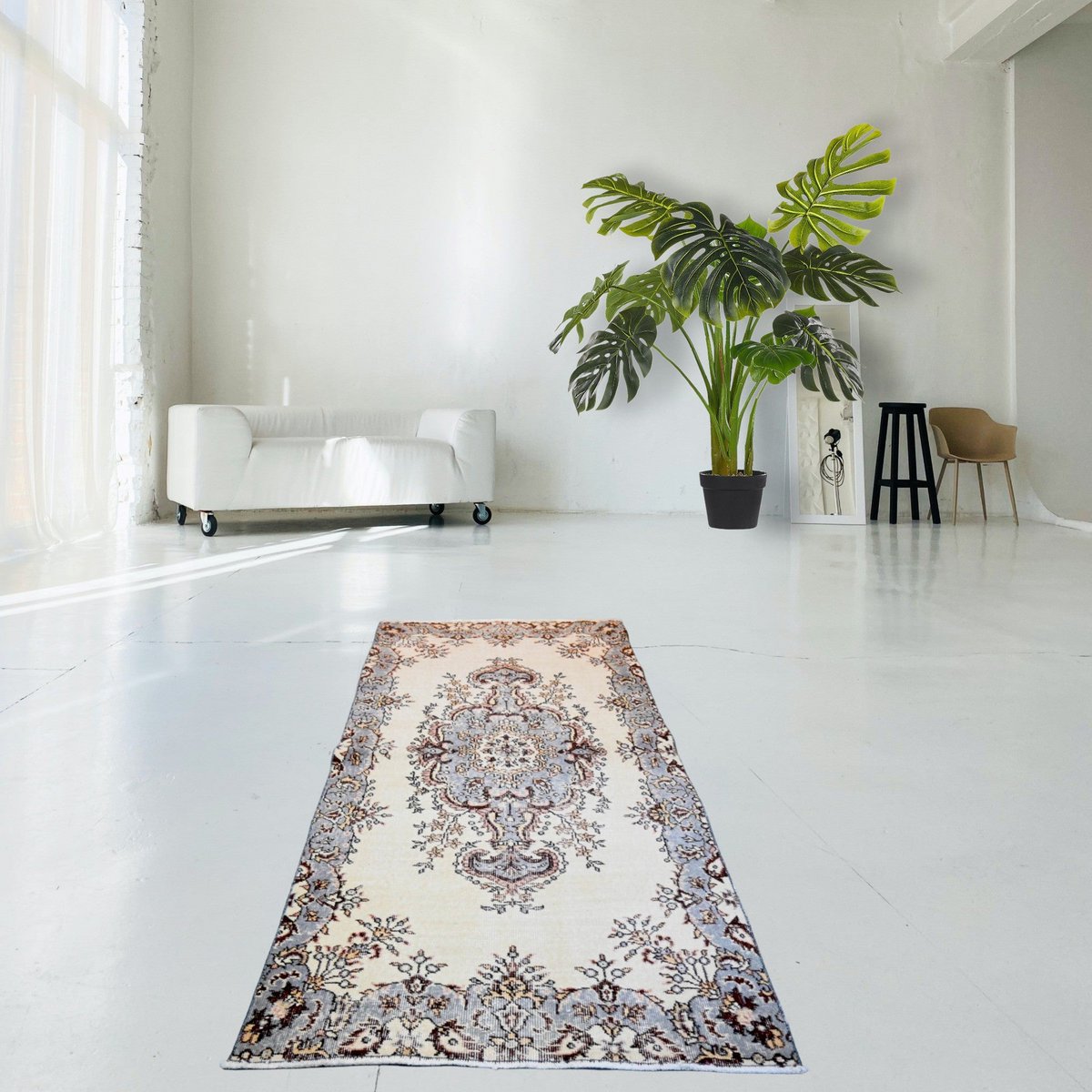 Beige vintage vloerkleed - 203x108 cm - HANDGEMAAKT