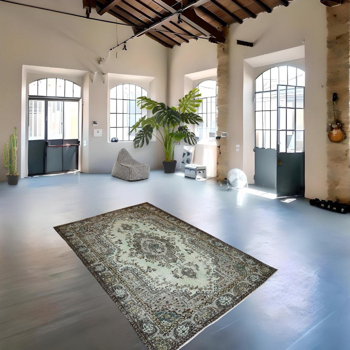 Licht groen vintage vloerkleed - 250x168 cm - HANDGEMAAKT