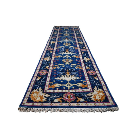 Blauwe Azeri loper - 303x80 cm - HANDGEMAAKT