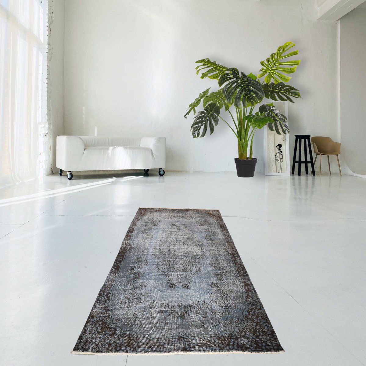 Grijs blauw vintage vloerkleed - 206x112 cm - HANDGEMAAKT