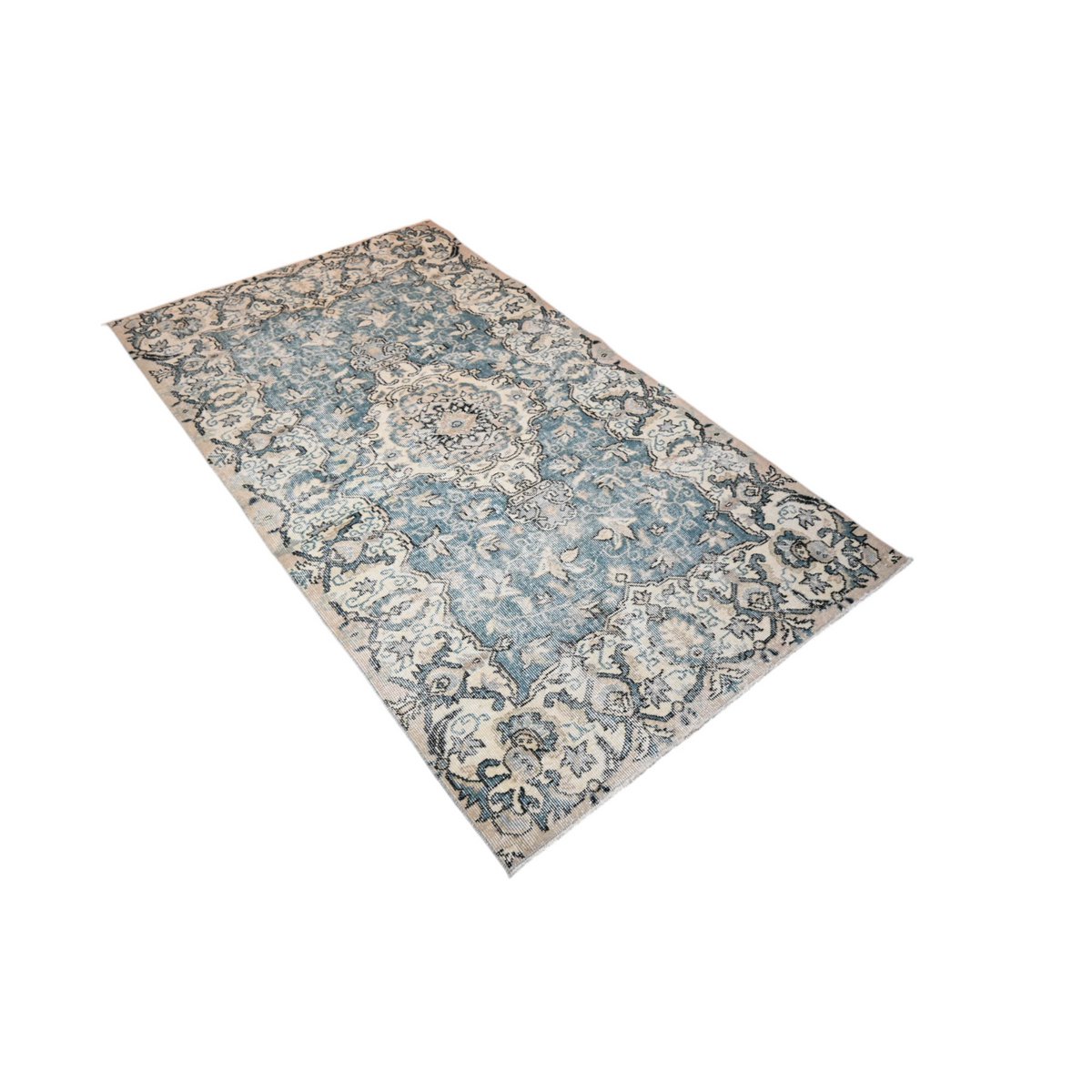 Beige blauw vintage vloerkleed - 203x114 cm - HANDGEMAAKT