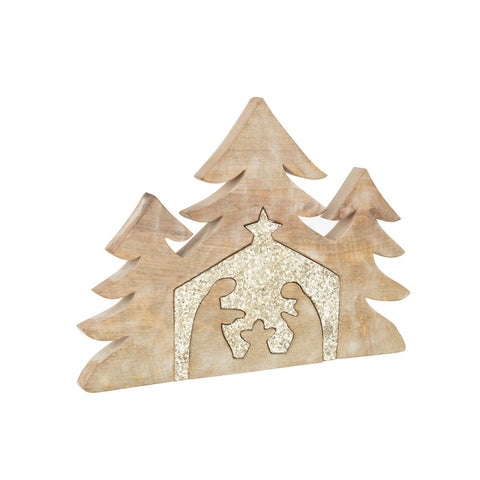 J-Line Puzzel Kerststal Mango Hout Glitter L