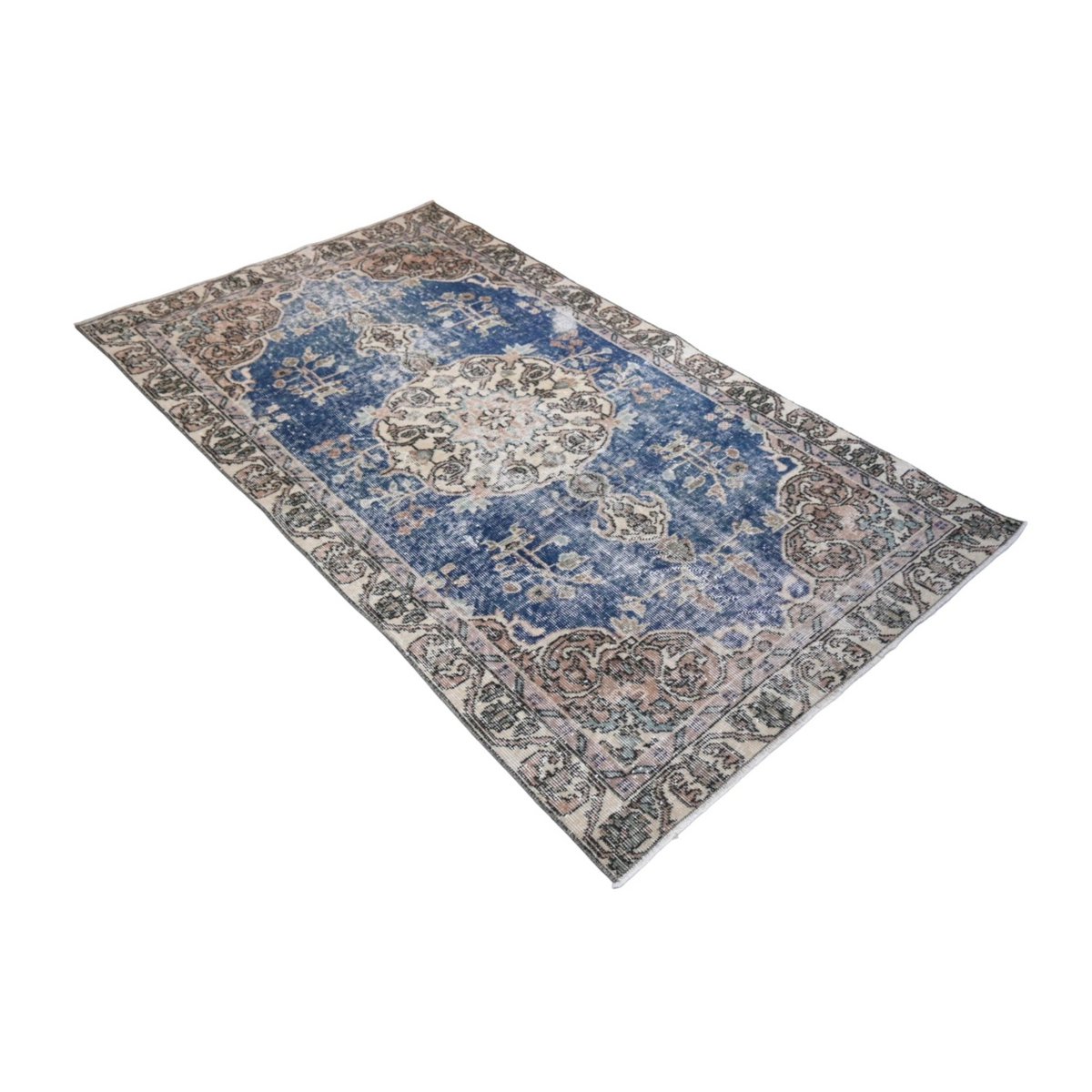 Beige blauw vintage vloerkleed - 190x109 cm - HANDGEMAAKT
