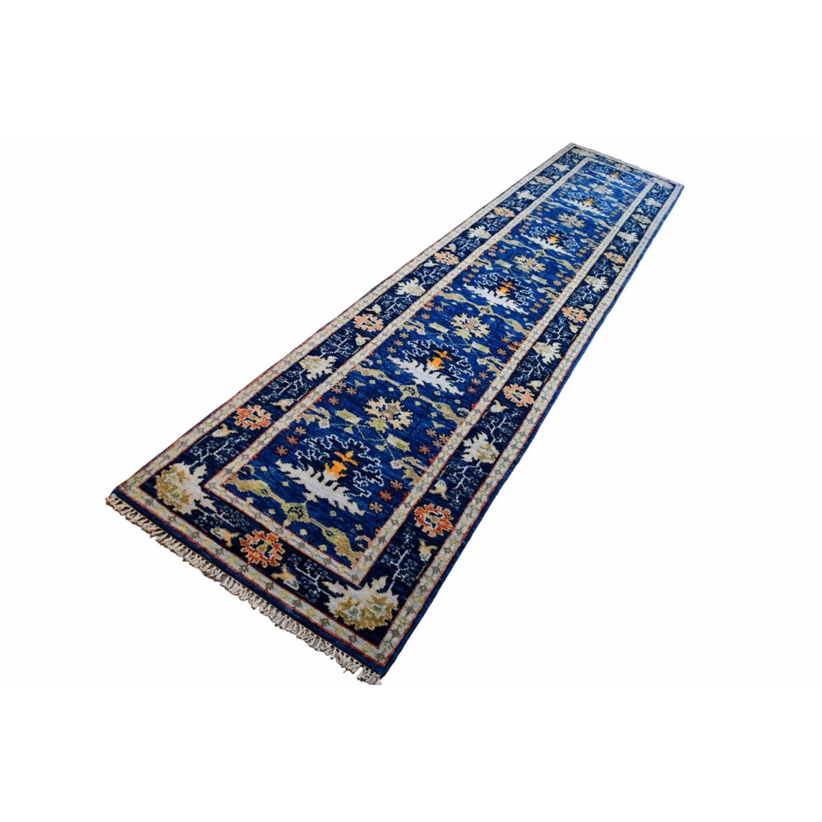 Blauwe Azeri loper - 375x80 cm - HANDGEMAAKT