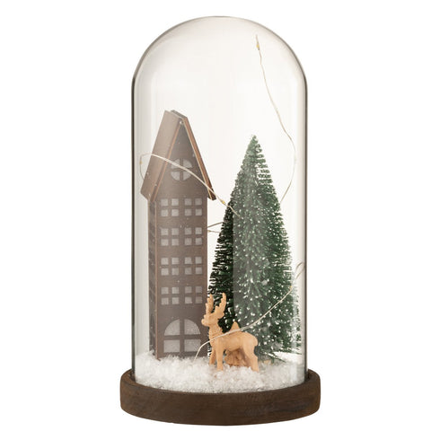 J-Line Stolp kerstdorp - glas - bruin & groen - 27 cm - LED lichtjes