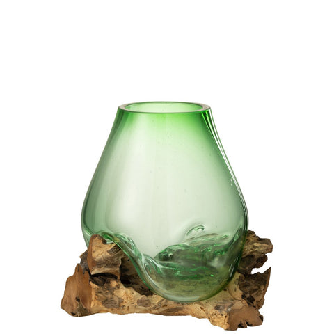 J-Line vaas Op Voet Gamal - hout/gerecycleerd glas - naturel/groen - L