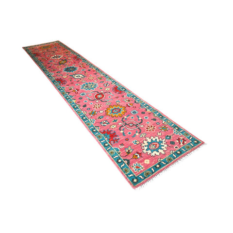 Roze Azeri Loper - 376x78 cm - HANDGEMAAKT