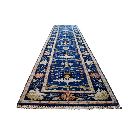 Blauwe Azeri loper - 375x80 cm - HANDGEMAAKT