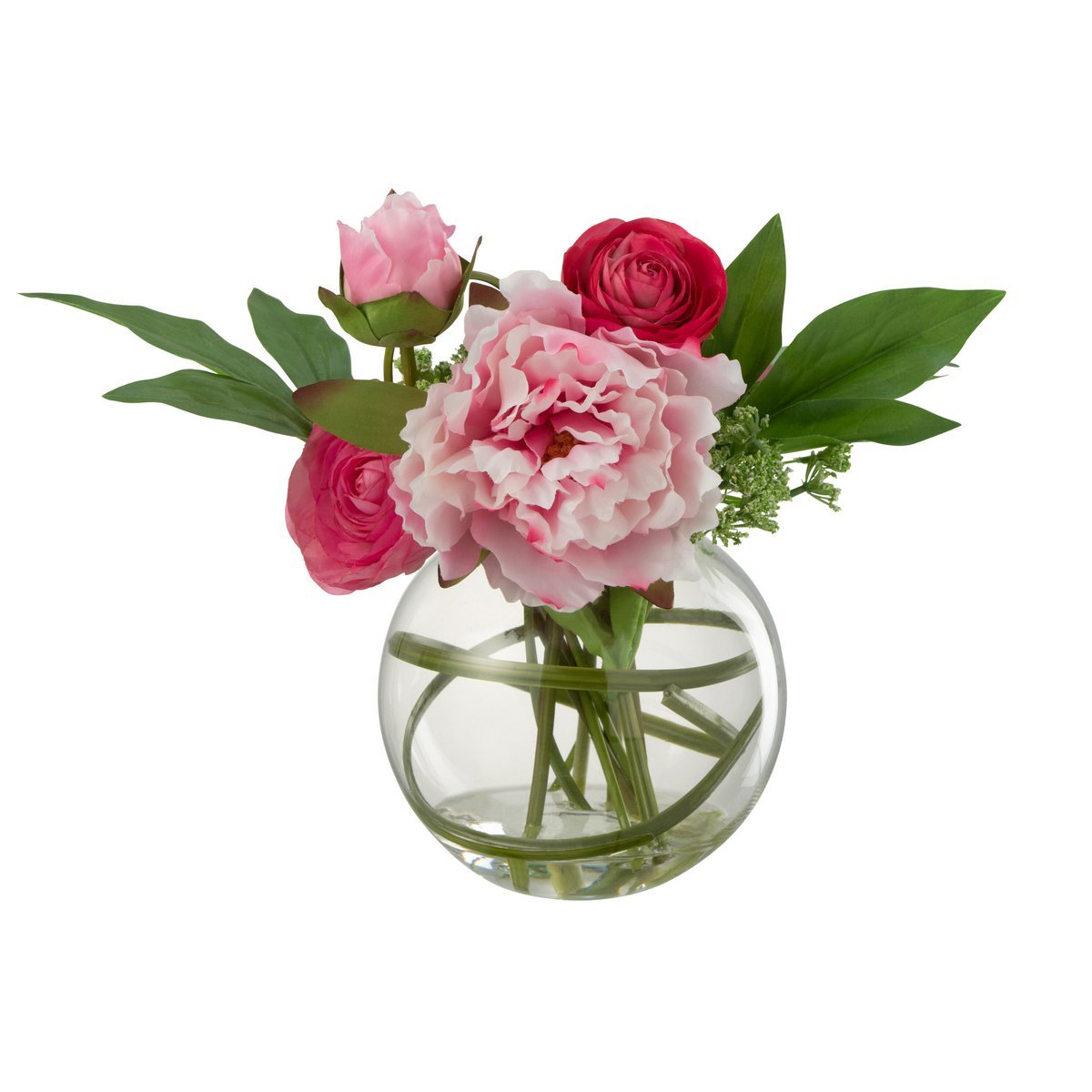 J-Line Ranonkel Pioen In Vaas Bol Kunststof Glas Roze