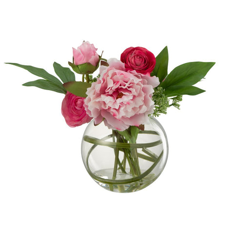 J-Line Ranonkel Pioen In Vaas Bol Kunststof Glas Roze