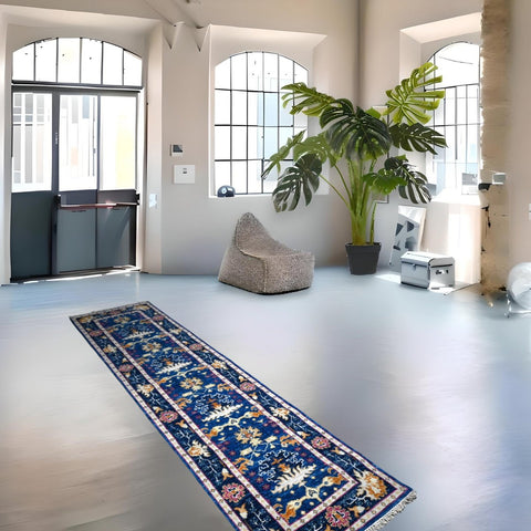 Blauwe Azeri loper - 303x80 cm - HANDGEMAAKT