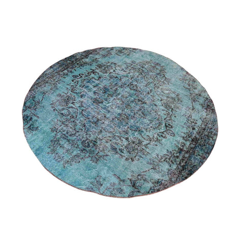 Rond Turquoise vintage vloerkleed - 167 cm - HANDGEMAAKT
