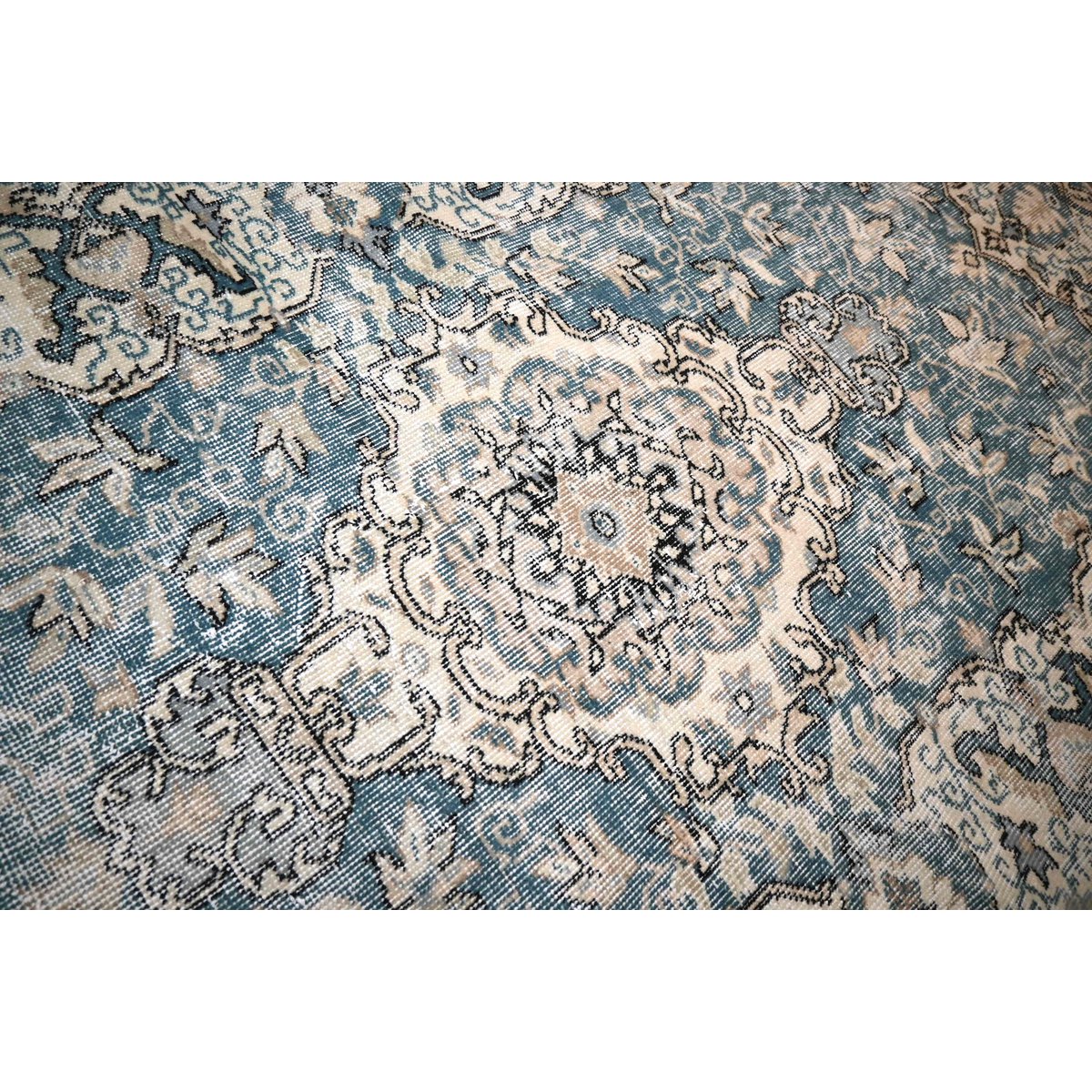 Beige blauw vintage vloerkleed - 203x114 cm - HANDGEMAAKT