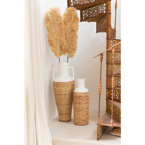 J-Line vaas Geweven Terracotta - rotin - wit/naturel