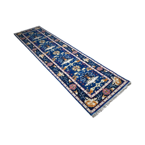 Blauwe Azeri loper - 303x80 cm - HANDGEMAAKT
