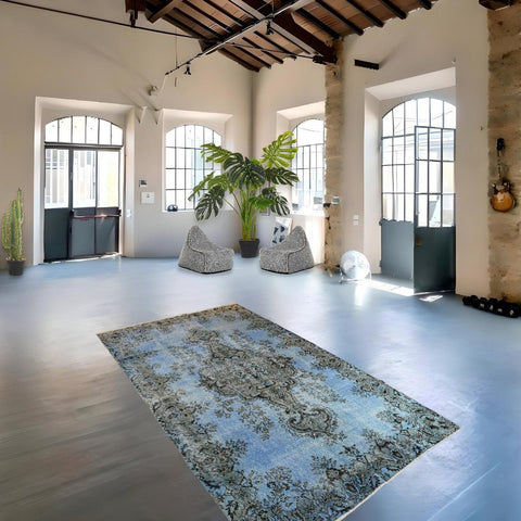 Vintage vloerkleed blauw - 282x167 cm - HANDGEMAAKT