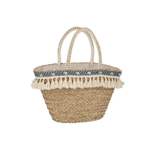 J-Line Strandtas Kwasten+Schelpen Zeegras Nat/Blauw