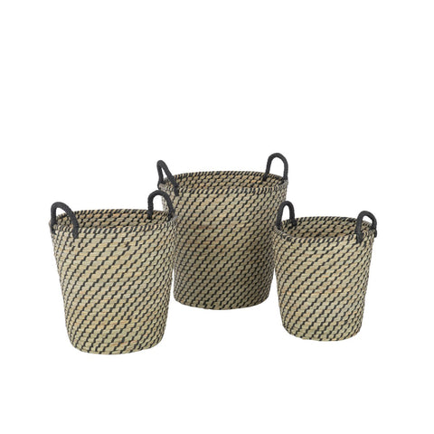 J-Line Set Van 3 Mand Rond Handvatten Stro Naturel/Zwart