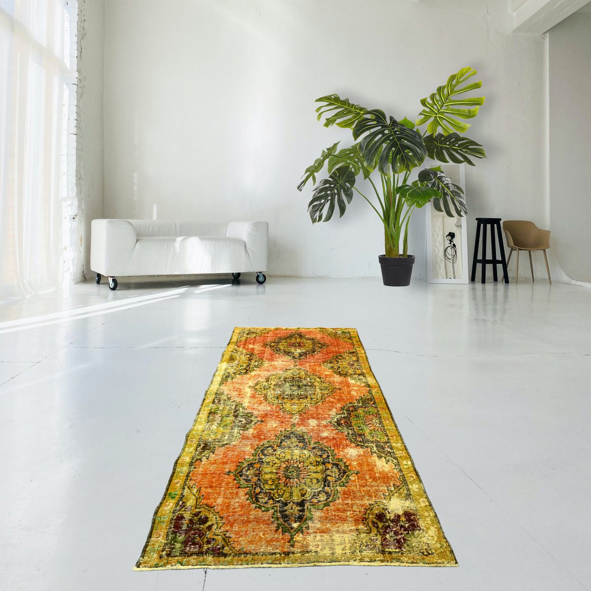 Geel Orangje vintage vloerkleed - 240x120 cm - HANDGEMAAKT