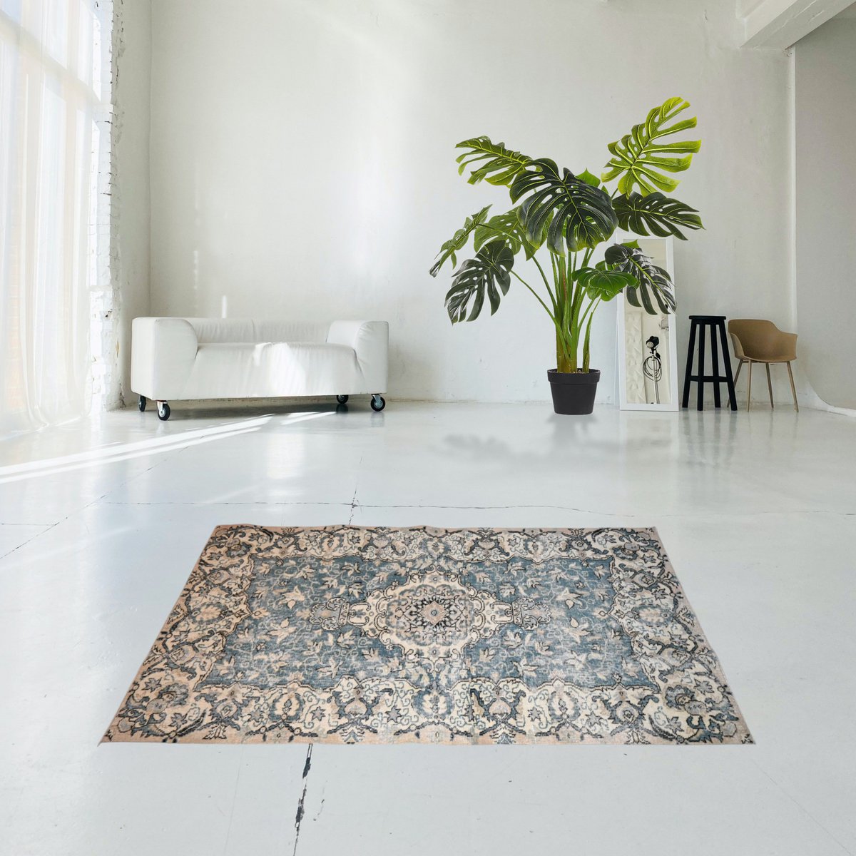 Beige blauw vintage vloerkleed - 203x114 cm - HANDGEMAAKT