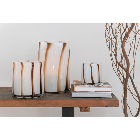 J-Line windlicht Strepen Safari - glas - wit/bruin - groot