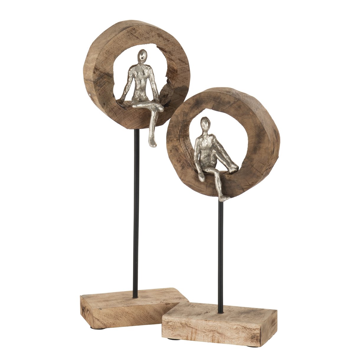 J-Line decoratie Denker Ring - hout/aluminium - naturel/zilver