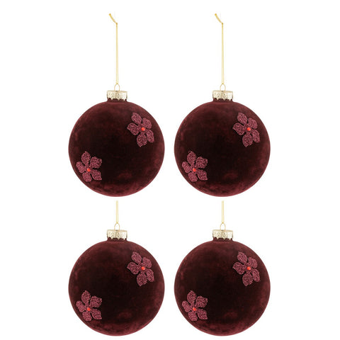 J-Line Doos Van 4 Kerstballen Bloemen Fluweel Glas Burgundy Large