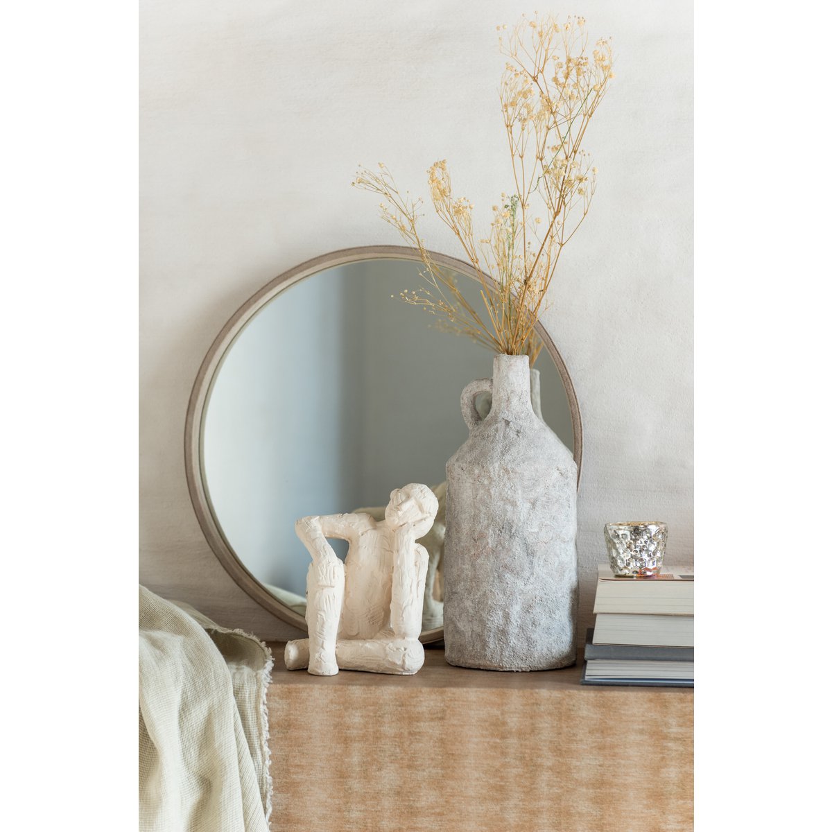 J-line spiegel Rond - leder - beige - small
