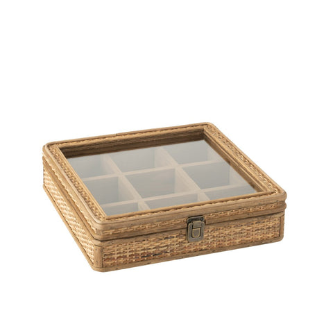 J-Line doos Vierkant 9 compartimenten - rotan/glas - naturel