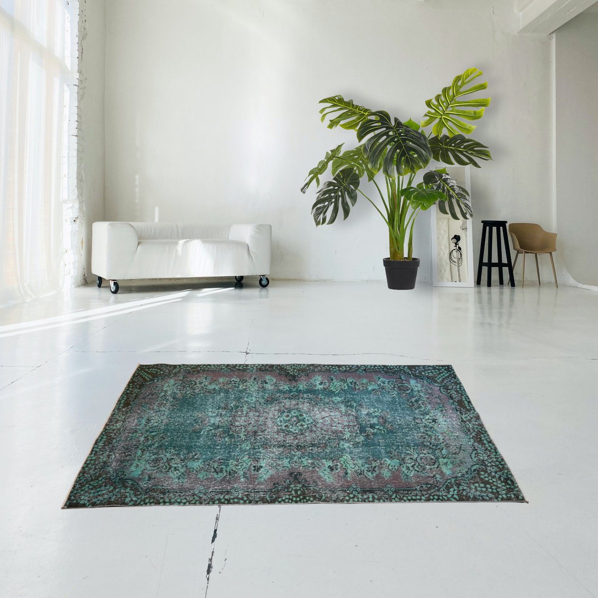 Turquoise vintage vloerkleed - 206x115 cm - HANDGEMAAKT