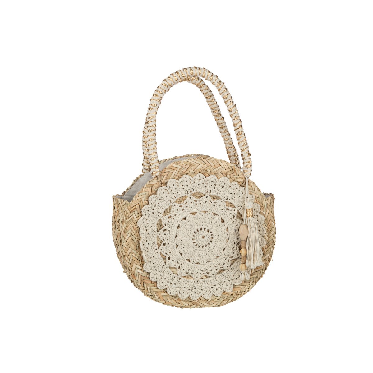 J-Line Strandtas Rond+Kwast/Houten Kralen Zeegras/Kant Nat/Wit