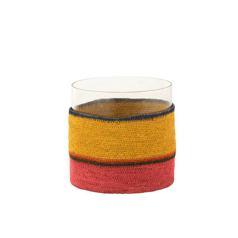 J-Line kaarshouder - theelichthouder rond + strepen - glas - geel/roze