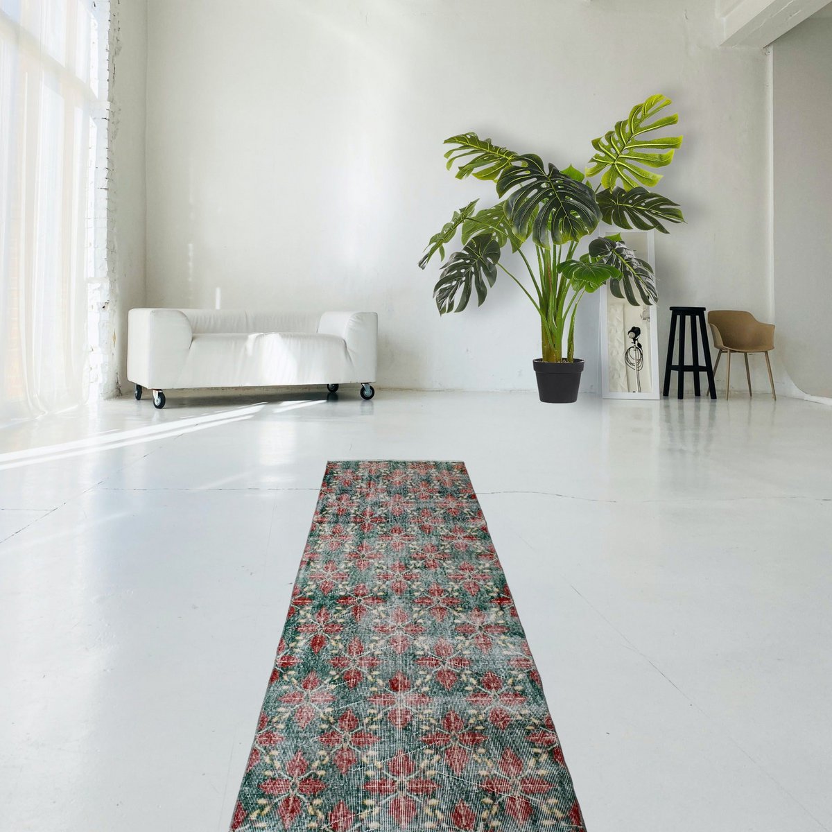 Bloemen vintage vloerkleed - 254x90 cm - HANDGEMAAKT