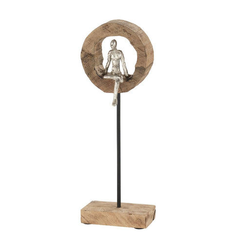 J-Line decoratie Denker Ring - hout/aluminium - naturel/zilver