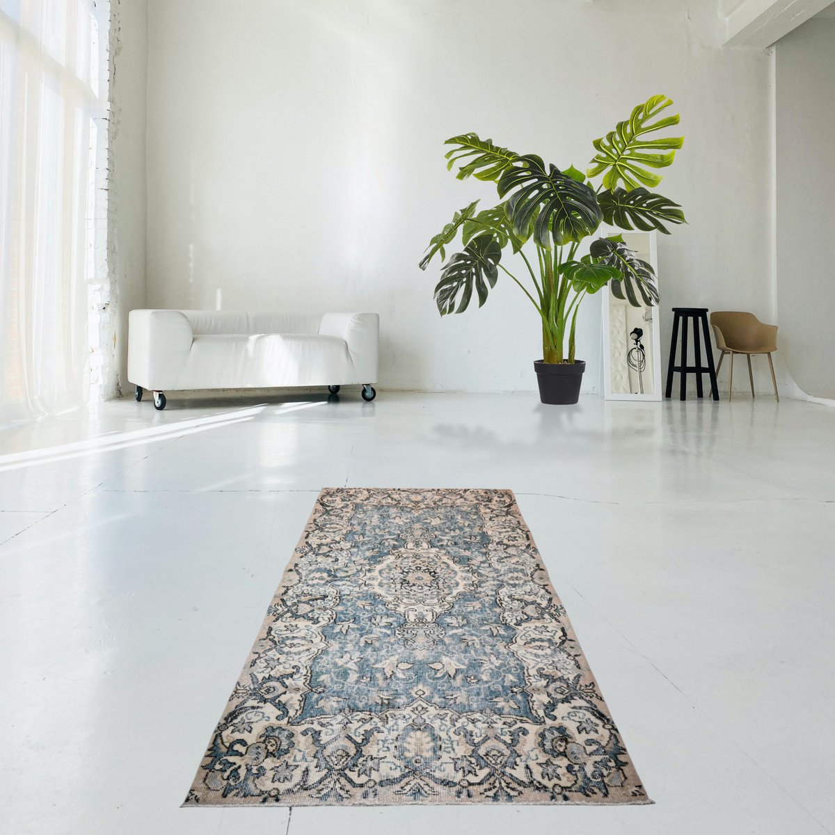 Beige blauw vintage vloerkleed - 203x114 cm - HANDGEMAAKT
