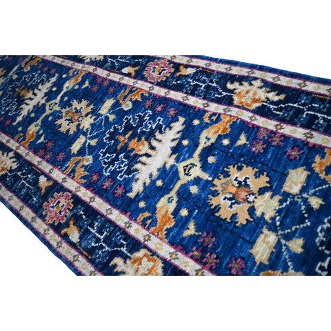 Blauwe Azeri loper - 303x80 cm - HANDGEMAAKT