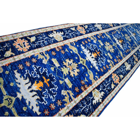 Blauwe Azeri loper - 375x80 cm - HANDGEMAAKT