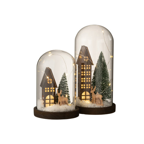 J-Line Stolp kerstdorp - glas - bruin & groen - 27 cm - LED lichtjes