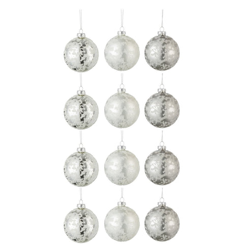 J-Line Doos Van 12 Kerstballen 4+4+4 Suiker Glas Mat Grijs/Mat Wit/Blinkend Zilver Small
